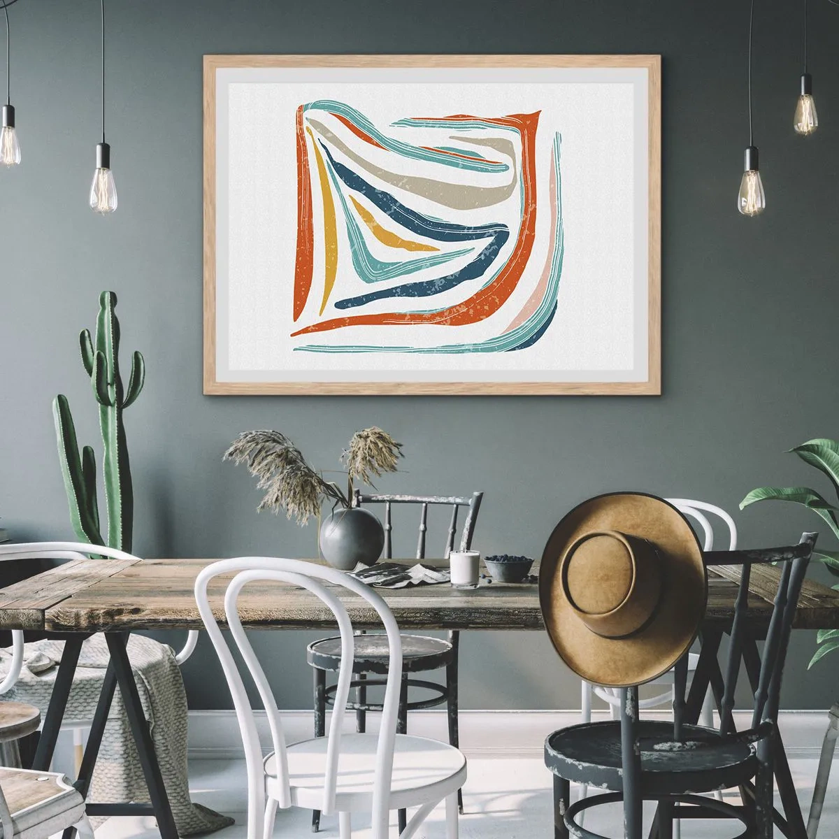 Poster in einem Rahmen aus heller Eiche - Abstraktion mit einem freundlichen Lächeln - 91x61 cm