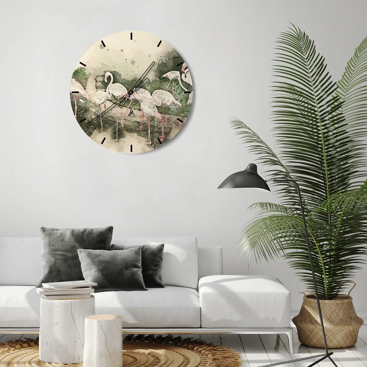 Wanduhr - Glasuhr - Ein Schwarm Flamingos in einer friedlichen, tropischen Umgebung - 30x30cm - Exotischer Traum - Moderne Wanddekoration für Wohnzimmer, Küche und Schlafzimmer ARTTOR