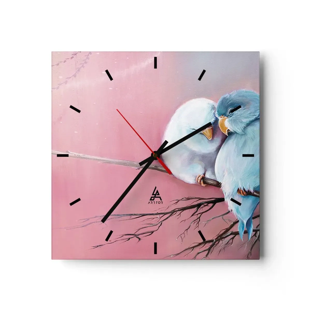Wanduhr - Glasuhr - Zwei verliebte Vögel auf einem Ast auf rosa Hintergrund - 30x30cm - Was kann ich hier hinzufügen? ... - Moderne Wanddekoration für Wohnzimmer und Schlafzimmer ARTTOR