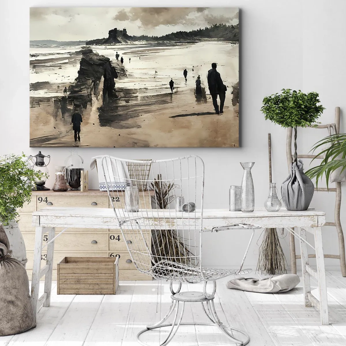 Bild auf Leinwand - Leinwandbild - Strandspaziergänger in friedlicher Landschaft - 70x50cm - Einberufen - Moderne Wanddekoration für Wohnzimmer und Schlafzimmer ARTTOR