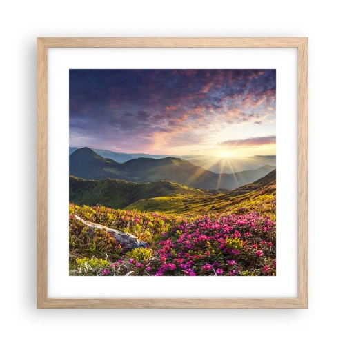 Poster in einem Rahmen aus heller Eiche - Frische am Bergmorgen - 40x40 cm