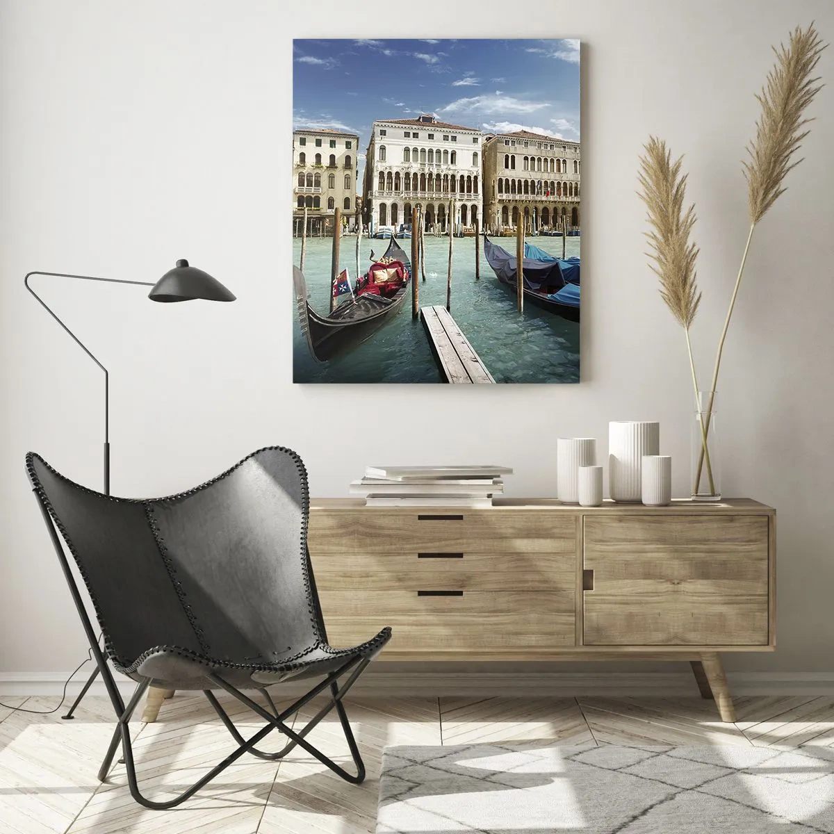 Glasbild - Bild auf glas - Venedig mit Gondeln und Palästen gegen den Himmel - 80x120cm - Paläste in Blau - Moderne Wanddekoration für Wohnzimmer und Schlafzimmer ARTTOR