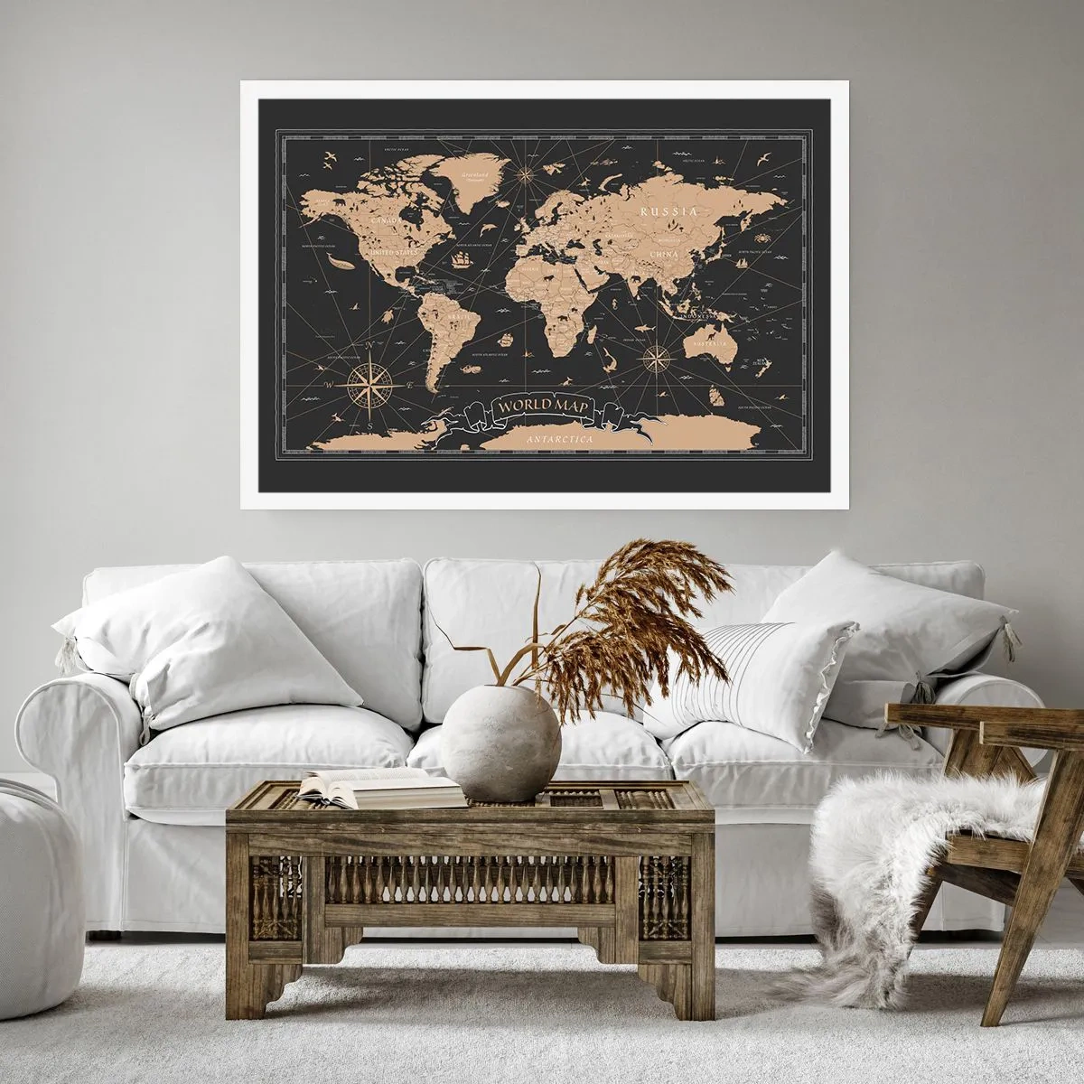 Poster - Eine stilisierte Weltkarte auf schwarzem Hintergrund mit beigen Akzenten. - 100x70cm - Die Grenzen meiner Welt - Moderne Wanddekoration für Wohnzimmer und Schlafzimmer ARTTOR