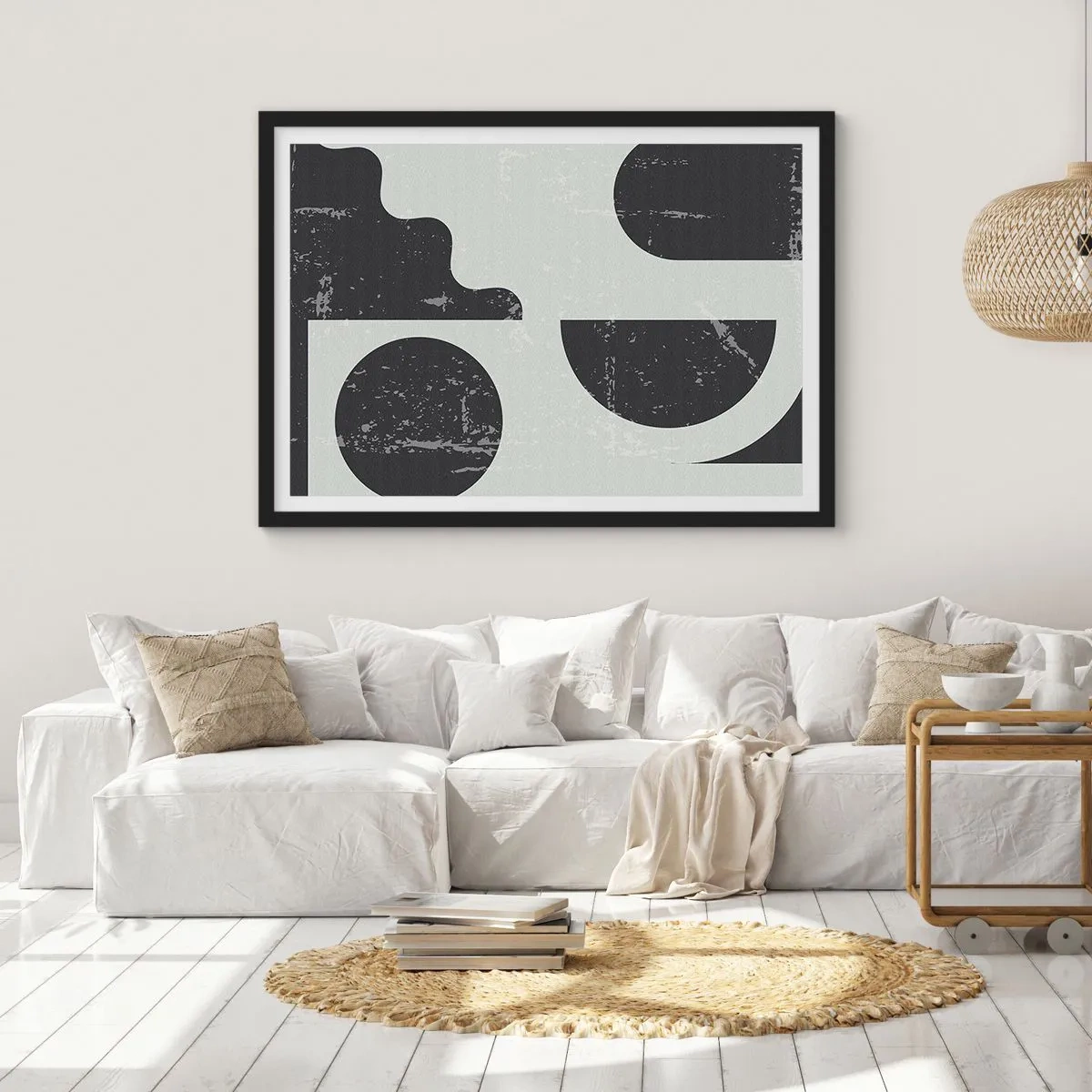 Poster in einem schwarzem Rahmen - Geometrische Muster in Schwarz- und Grautönen - 70x50cm - Komposition oben und unten - Moderne Wanddekoration für Wohnzimmer und Schlafzimmer ARTTOR