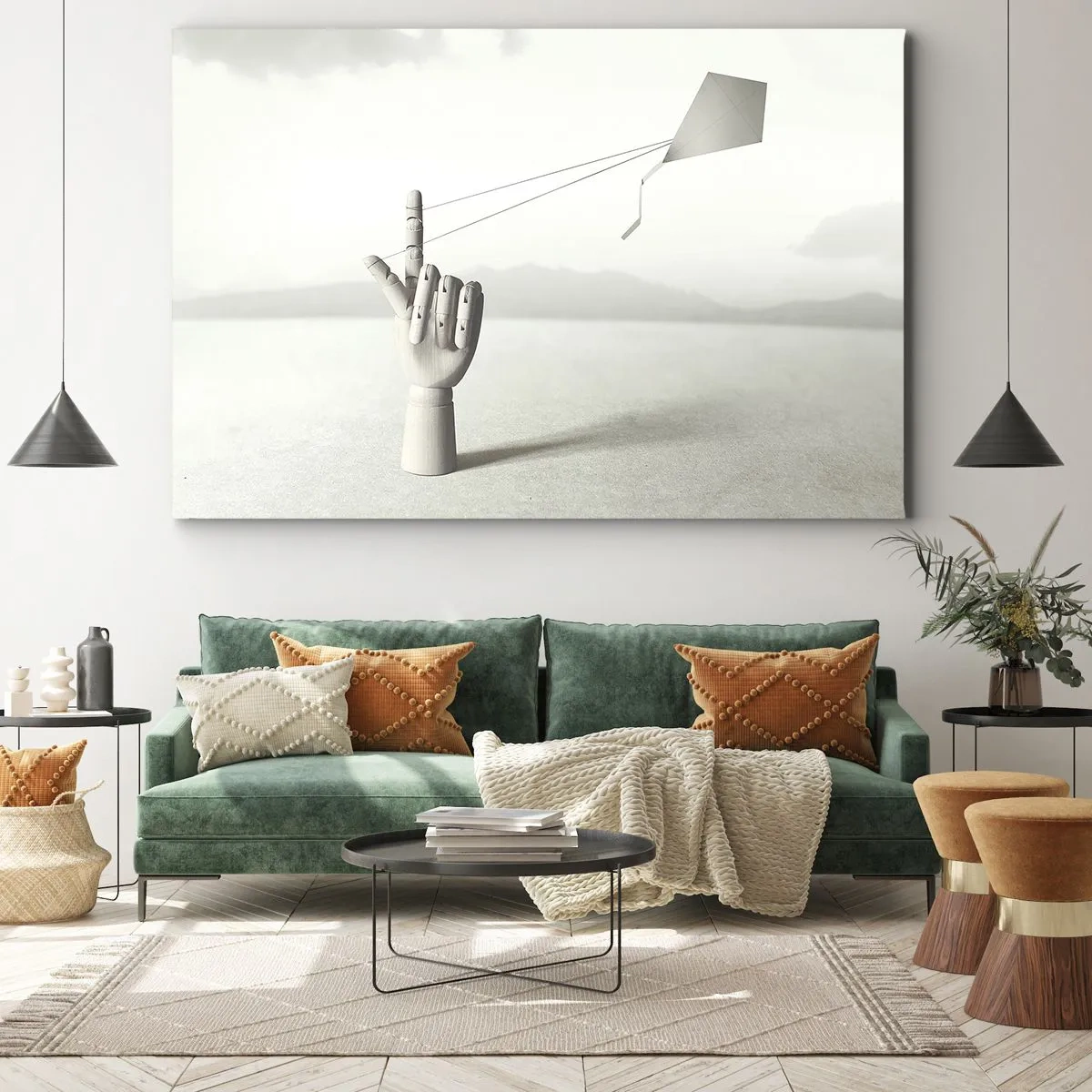 Bild auf Leinwand - Leinwandbild - Eine minimalistische Holzhand mit einem Drachen vor einem Landschaftshintergrund. - 70x50cm - Kraftprobe - Moderne Wanddekoration für Wohnzimmer und Schlafzimmer ARTTOR