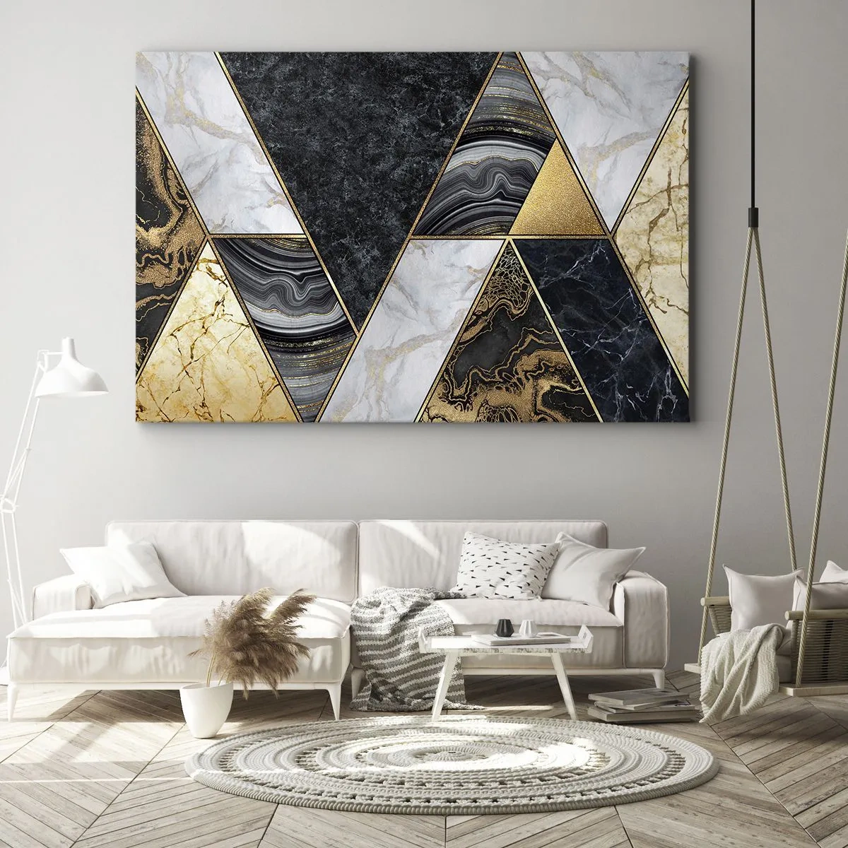Bild auf Leinwand - Leinwandbild - Geometrische Dreiecke in Gold, Marmor und dunklen Farbtönen - 120x80cm - Stein um Stein - Moderne Wanddekoration für Wohnzimmer und Schlafzimmer ARTTOR