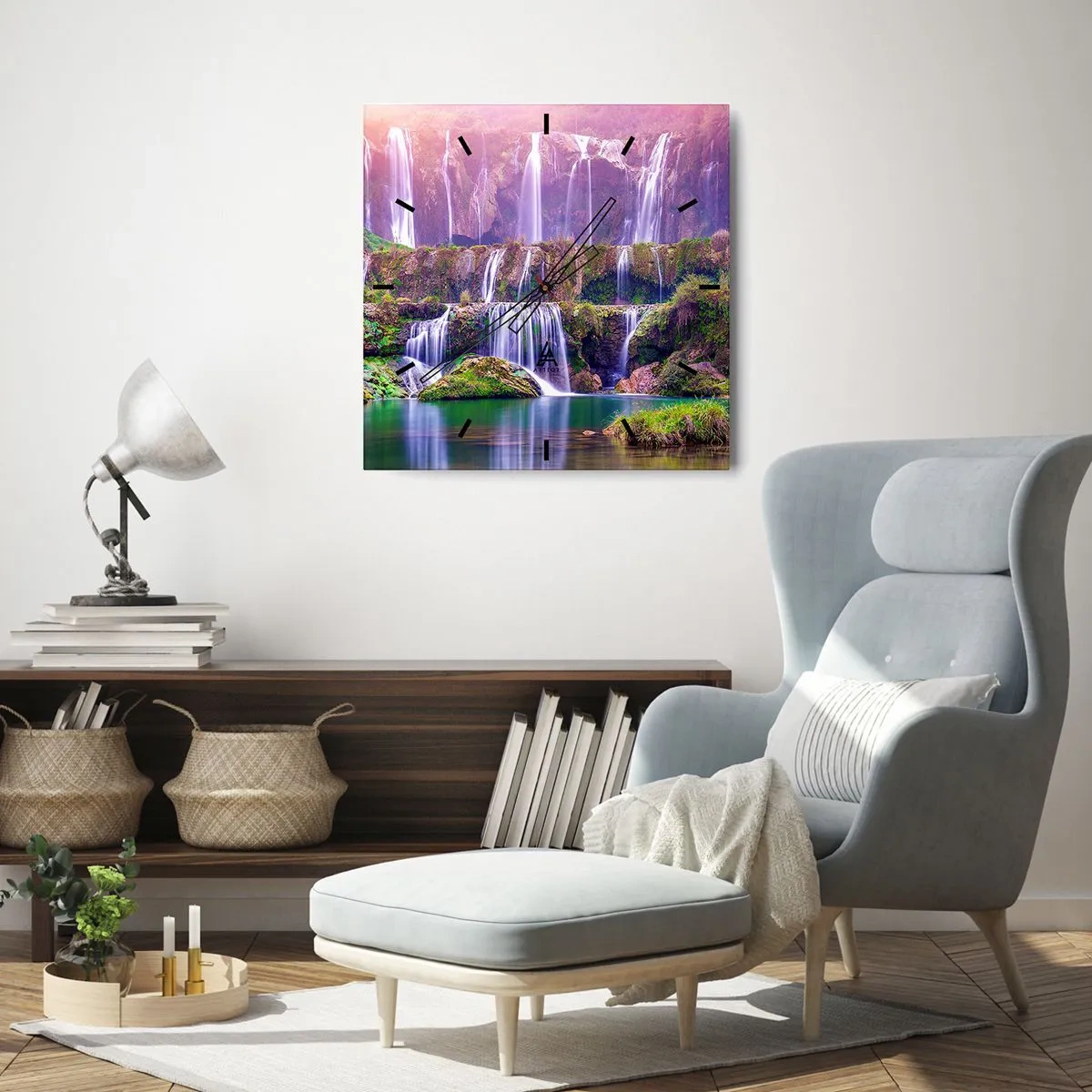 Wanduhr - Glasuhr - Wasserfälle umgeben von Grün mit pastellfarbener Beleuchtung - 30x30cm - Treppe zum Himmel - Moderne Wanddekoration für Wohnzimmer und Schlafzimmer ARTTOR