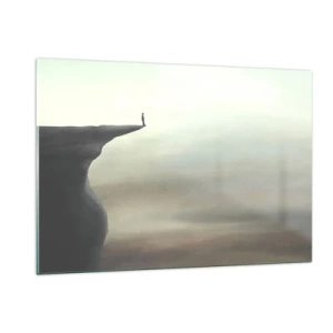 Glasbild - Bild auf glas - Silhouette einer Person, die am Rand einer Klippe über dem Nebel steht - 120x80cm - Nach oben, natürlich! - Moderne Wanddekoration für Wohnzimmer und Schlafzimmer ARTTOR