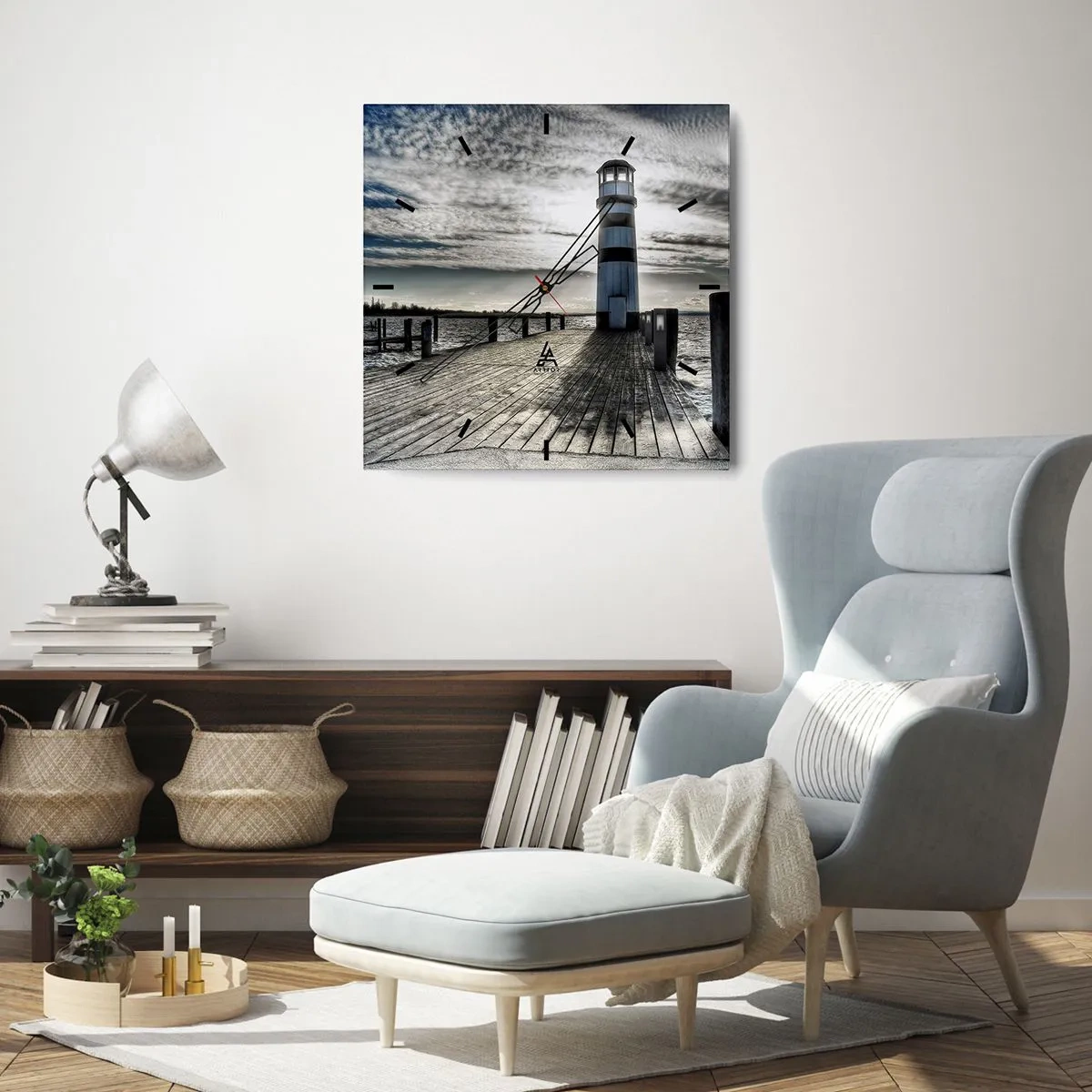 Wanduhr - Glasuhr - Leuchtturm auf einem Holzsteg mit Blick auf das Meer. - 30x30cm - Matrosen, ich warte auf euch - Moderne Wanddekoration für Wohnzimmer und Schlafzimmer ARTTOR