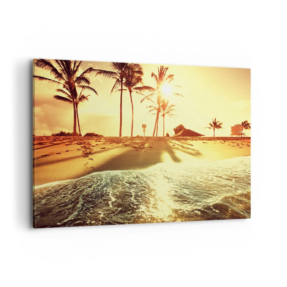 Bild auf Leinwand - Leinwandbild - Ein Strand mit Palmen, beleuchtet von einem warmen Sonnenuntergang - 100x70cm - Kalifornien am Nachmittag - Moderne Wanddekoration für Wohnzimmer und Schlafzimmer ARTTOR