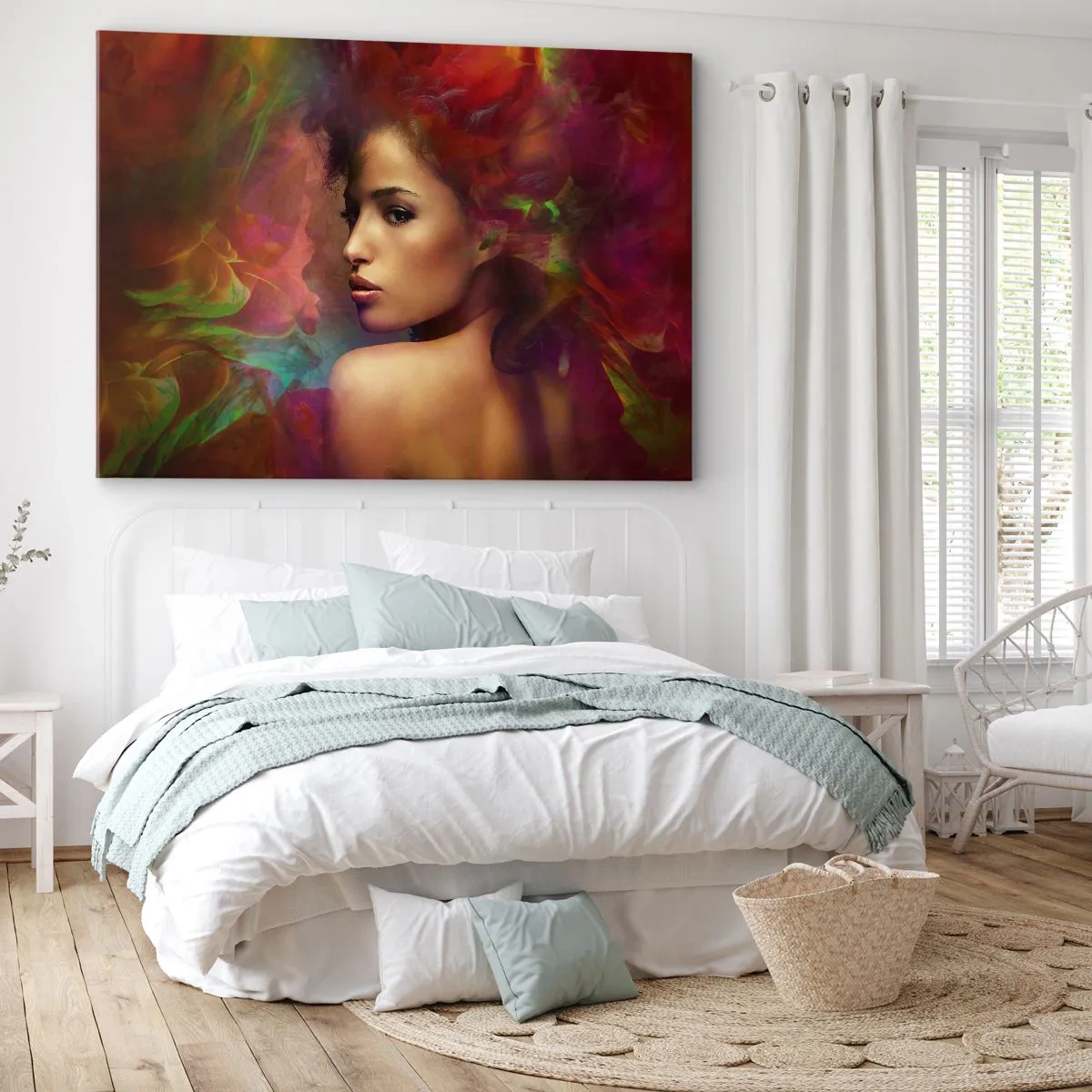 Bild auf Leinwand - Leinwandbild - Eine Frau mit bunten Reflexionen, die einen abstrakten Hintergrund erzeugen - 100x70cm - Schöner als ein Regenbogen, so zart wie ein Nebel - Moderne Wanddekoration für Wohnzimmer und Schlafzimmer ARTTOR