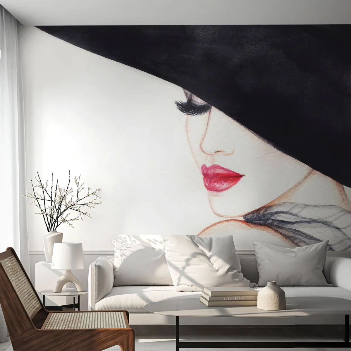 Selbstklebende Fototapete Deluxe Sticker - Eleganz und Sinnlichkeit - Frau, rote Lippen, Schwarzer Hut - 350x256 cm