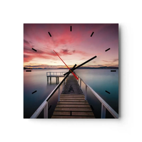 Wanduhr - Glasuhr - Ein Steg, der bei Sonnenuntergang zu einem ruhigen See führt - 30x30cm - Die sanfte Flamme des Abends - Moderne Wanddekoration für Wohnzimmer und Schlafzimmer ARTTOR