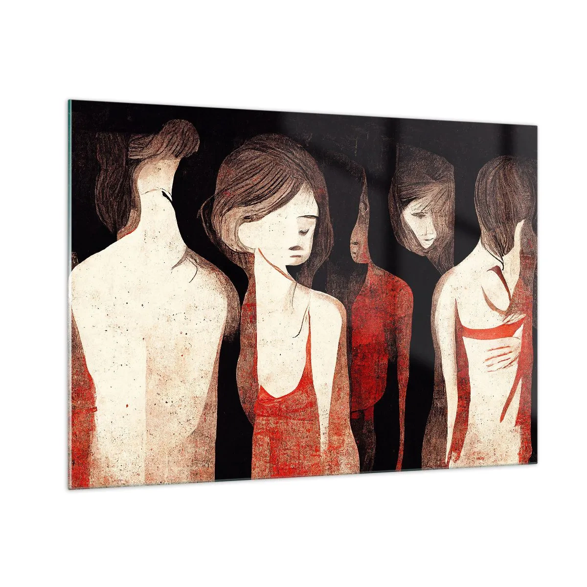 Glasbild - Bild auf glas - Abstrakte weibliche Silhouetten in Rot auf schwarzem Hintergrund - 100x70cm - Madonnen der Dunkelheit - Moderne Wanddekoration für Wohnzimmer und Schlafzimmer ARTTOR
