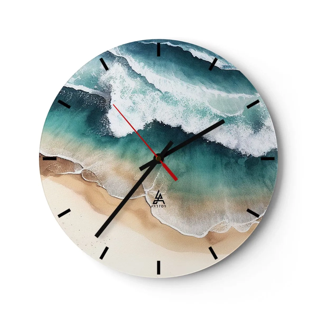 Wanduhr - Glasuhr - Meereswellen, die aus der Vogelperspektive an einem Sandstrand brechen - 30x30cm - Das ewige Treffen - Moderne Wanddekoration für Wohnzimmer, Küche und Schlafzimmer ARTTOR