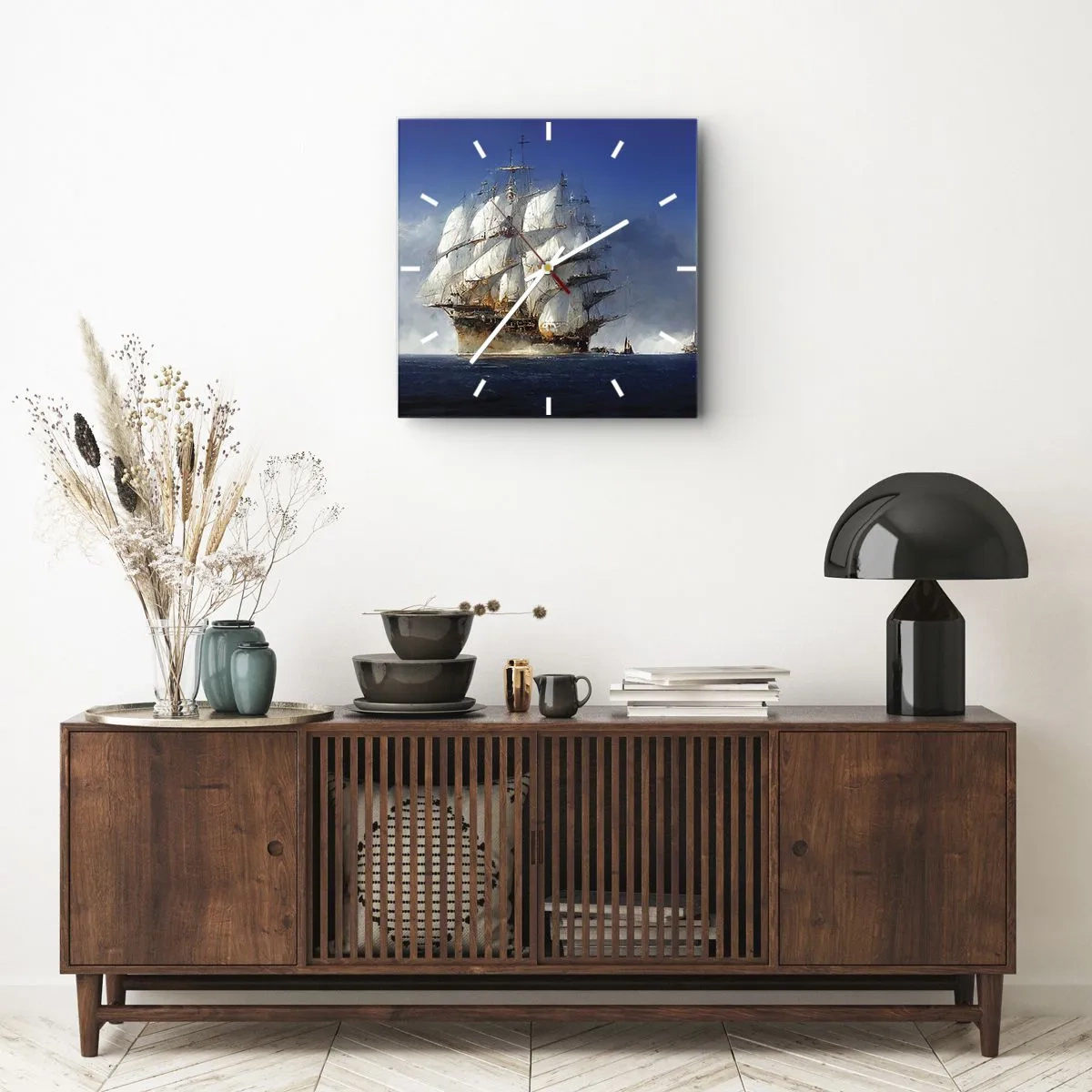 Wanduhr - Glasuhr - Ein Segelschiff auf offener See unter blauem Himmel - 30x30cm - Der große Ruhm! - Moderne Wanddekoration für Wohnzimmer und Schlafzimmer ARTTOR