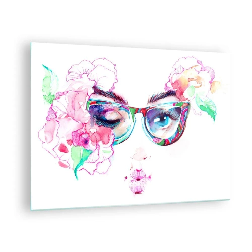 Glasbild - Bild auf glas - Frauenaugen mit Blumen und bunten Gläsern im Aquarellstil - 70x50cm - Ein verlockendes Versprechen - Moderne Wanddekoration für Wohnzimmer und Schlafzimmer ARTTOR