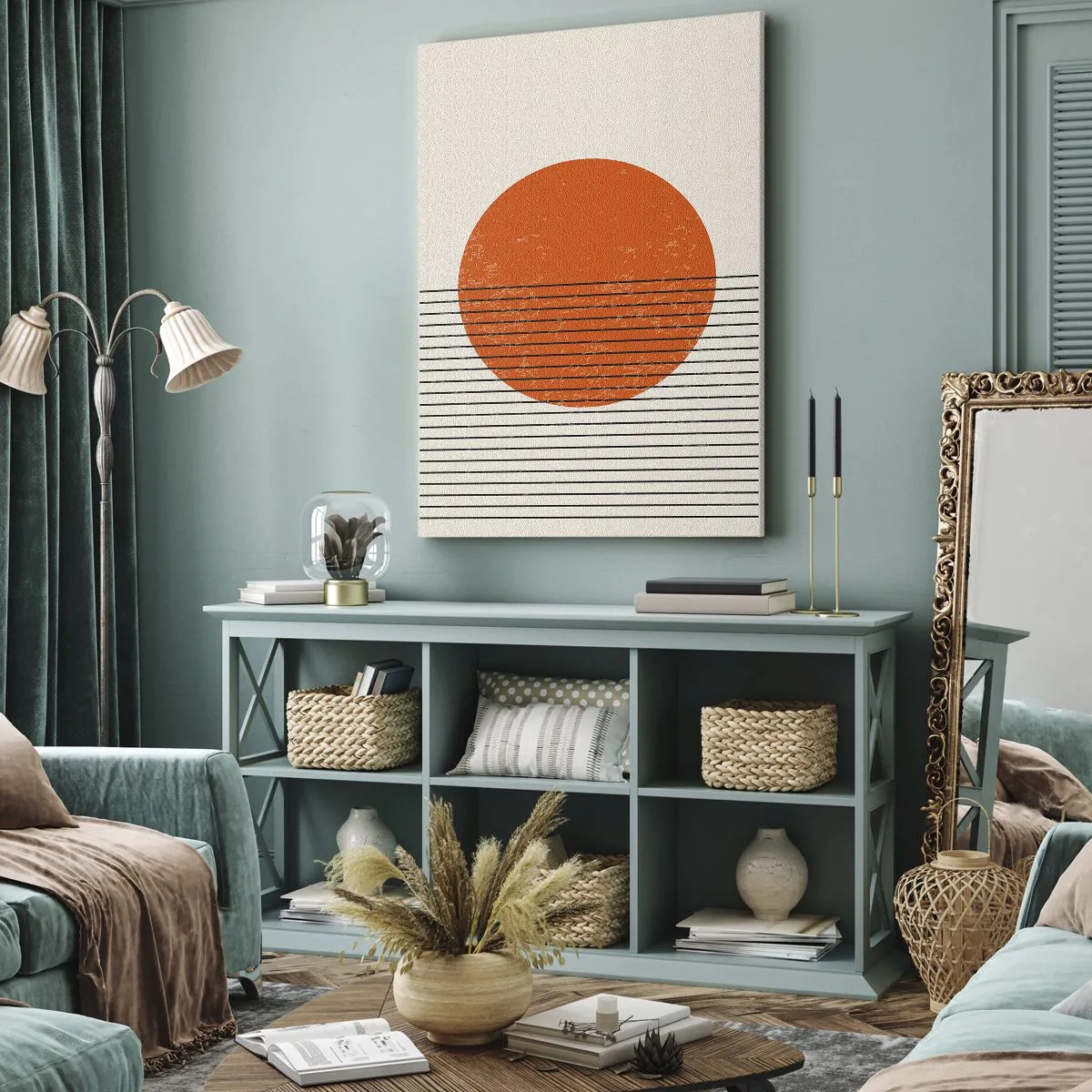 Bild auf Leinwand - Leinwandbild - Minimalistische Sonne mit geometrischen Linien - 50x70cm - Immer die Sonne - Moderne Wanddekoration für Wohnzimmer und Schlafzimmer ARTTOR