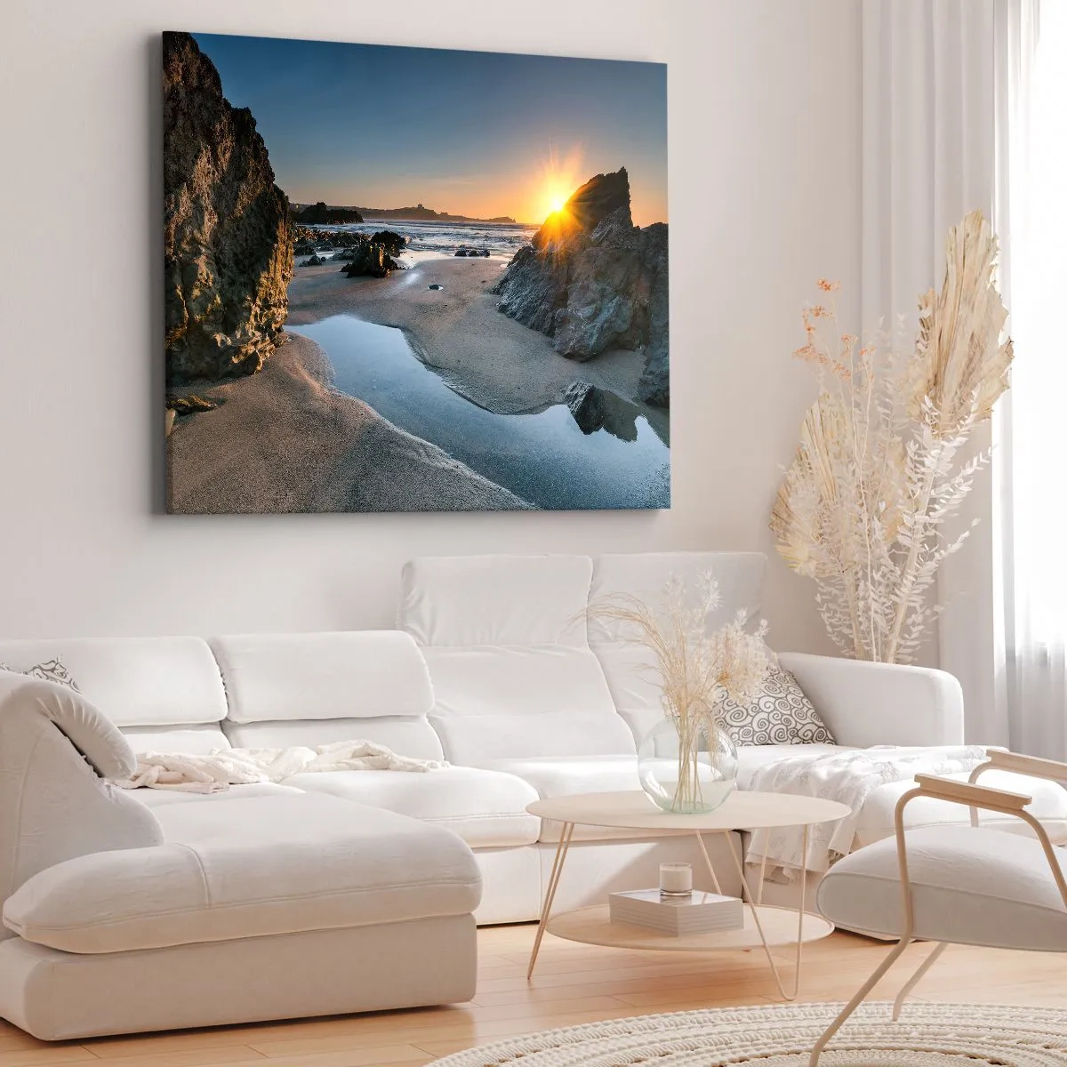 Bild auf Leinwand - Leinwandbild - Malerischer Sonnenuntergang an einem felsigen Strand - 120x80cm - Unberührt von menschlicher Hand - Moderne Wanddekoration für Wohnzimmer und Schlafzimmer ARTTOR
