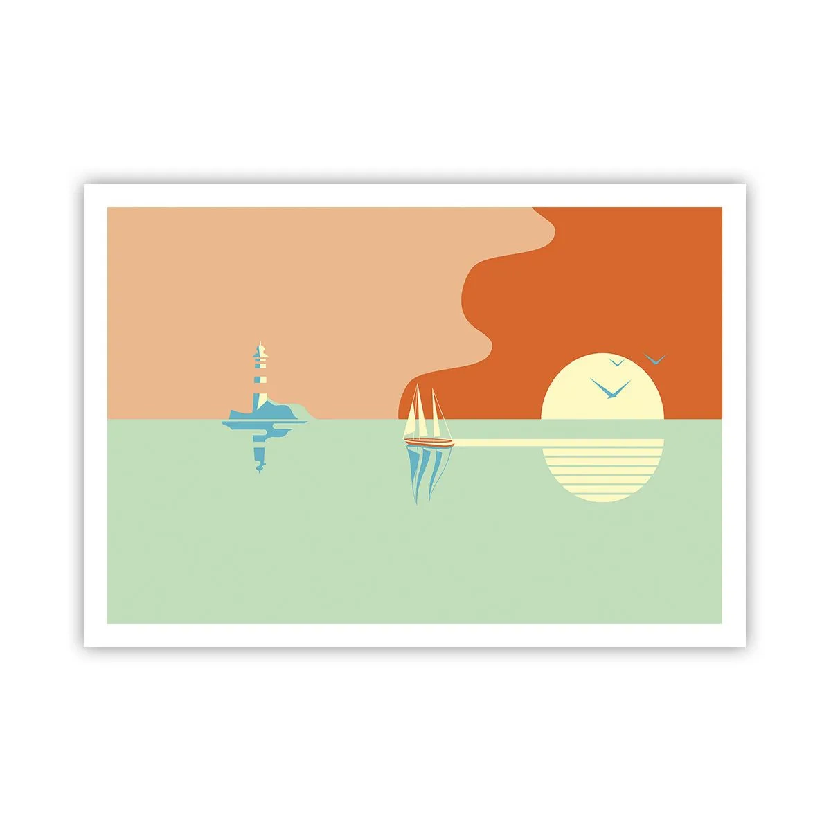Poster - Eine minimalistische Meereslandschaft mit einem Segelboot und einem Sonnenuntergang - 100x70cm - Die perfekte Meereslandschaft - Moderne Wanddekoration für Wohnzimmer und Schlafzimmer ARTTOR