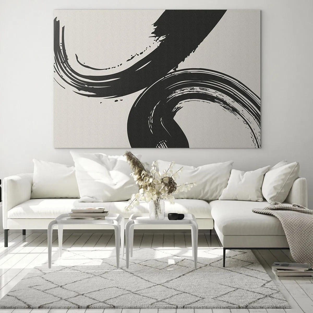 Glasbild - Bild auf glas - Schwarze, dynamische kalligrafische Pinselstriche auf hellem Hintergrund. - 70x50cm - Ausladend und kreisförmig - Moderne Wanddekoration für Wohnzimmer und Schlafzimmer ARTTOR