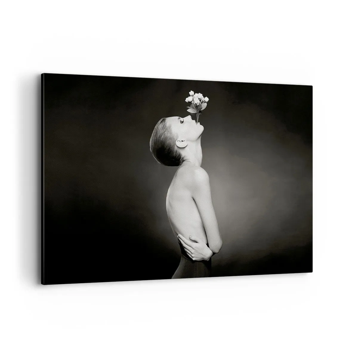 Bild auf Leinwand - Leinwandbild - Schwarz-weiße Silhouette einer Frau mit einer Blume - 120x80cm - Exzentrische Eleganz - Moderne Wanddekoration für Wohnzimmer und Schlafzimmer ARTTOR