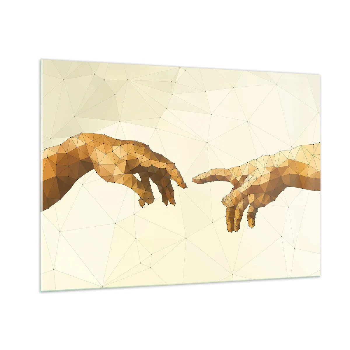 Glasbild - Bild auf glas - Eine stilisierte Version des Gemäldes „Die Erschaffung Adams“ in Polygontechnik - 100x70cm - Göttliche Geometrie - Moderne Wanddekoration für Wohnzimmer und Schlafzimmer ARTTOR