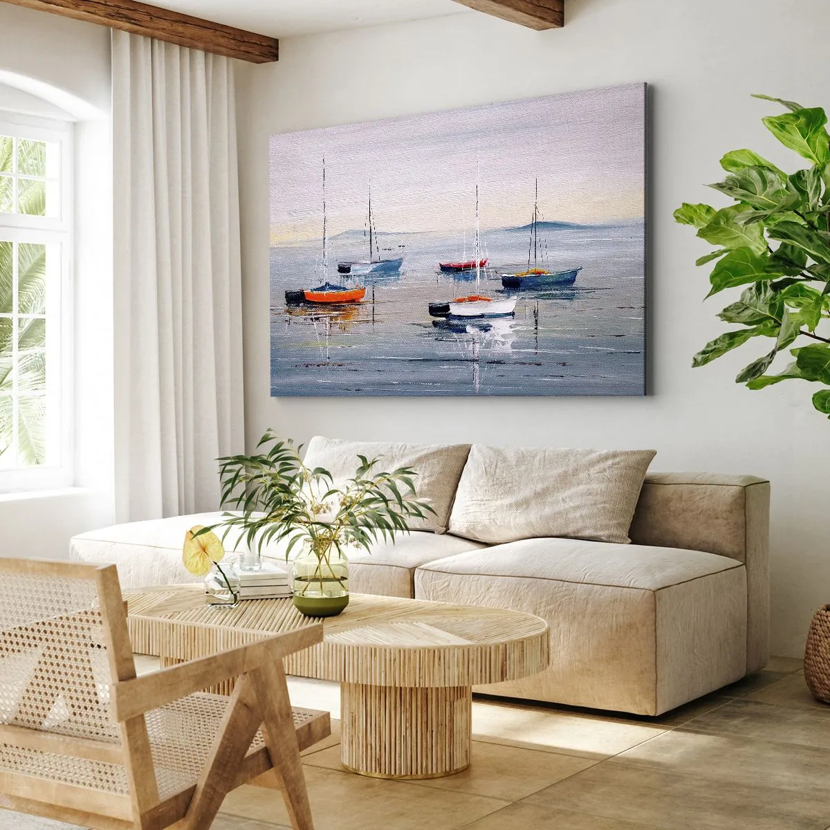 Bild auf Leinwand - Leinwandbild - Bunte Boote auf ruhigem Wasser - 100x70cm - Wohlverdiente Ruhe - Moderne Wanddekoration für Wohnzimmer und Schlafzimmer ARTTOR