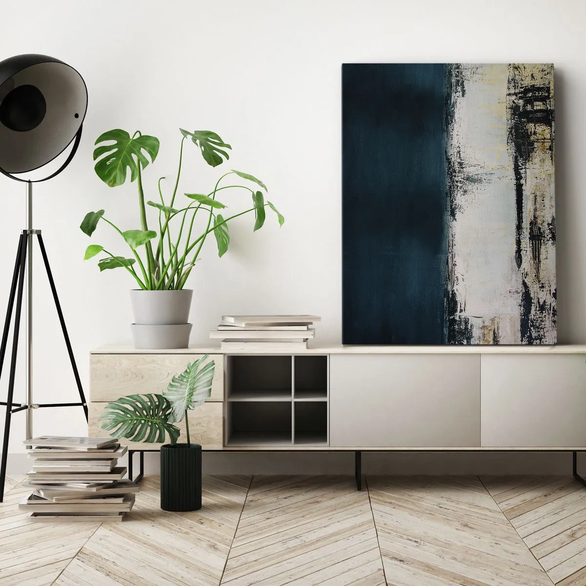 Bild auf Leinwand - Leinwandbild - Abstrakte horizontale Komposition in Marineblau- und Weißtönen - 80x120cm - Horizontale Komposition - Moderne Wanddekoration für Wohnzimmer und Schlafzimmer ARTTOR
