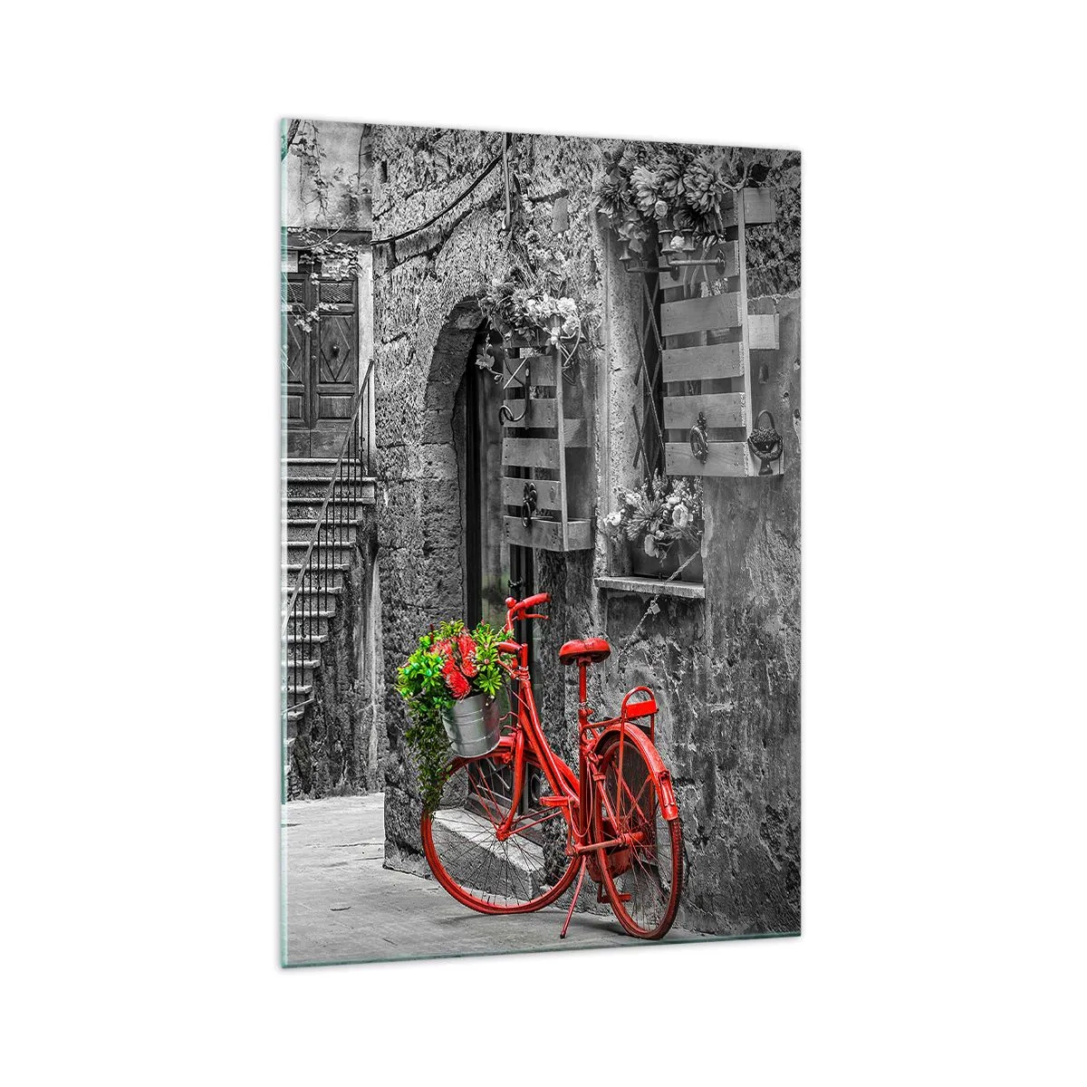 Glasbild - Bild auf glas - Ein rotes Fahrrad in einer schwarz-weißen Straße - 70x100cm - Toskanische Gasse - Moderne Wanddekoration für Wohnzimmer und Schlafzimmer ARTTOR