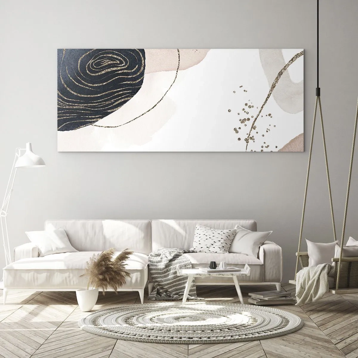 Glasbild - Bild auf glas - Abstrakte Formen in Beige- und Marineblautönen mit goldenen Details - 120x50cm - Alles fließt - Moderne Wanddekoration für Wohnzimmer und Schlafzimmer ARTTOR