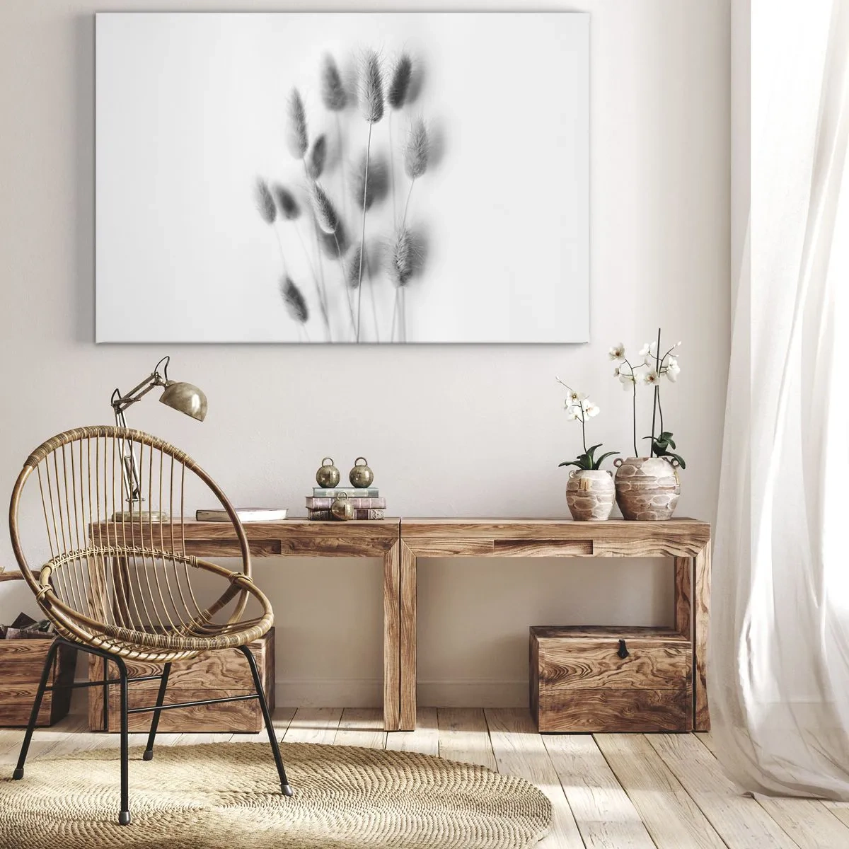Bild auf Leinwand - Leinwandbild - Zarte Gräser in Grautönen auf weißem Hintergrund - 70x50cm - Eure flauschige Grashoheit - Moderne Wanddekoration für Wohnzimmer und Schlafzimmer ARTTOR