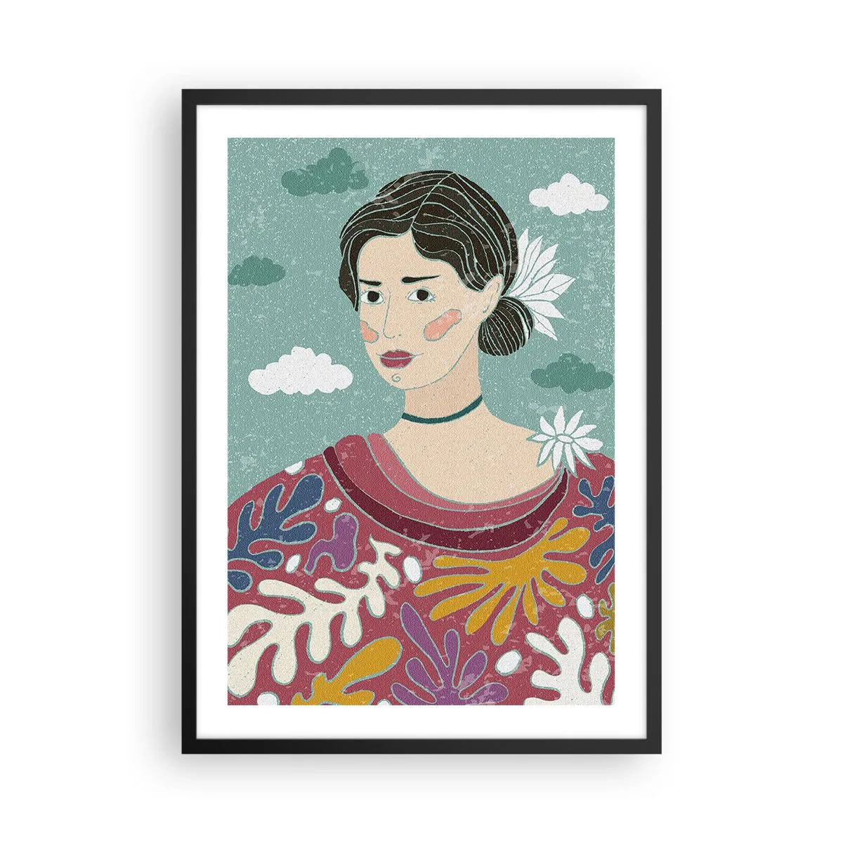 Poster in einem schwarzem Rahmen - Porträt einer Frau in einem farbenfrohen, stilisierten Kleid vor einem Wolkenhintergrund. - 50x70cm - Mit Melancholie im Blick - Moderne Wanddekoration für Wohnzimmer und Schlafzimmer ARTTOR