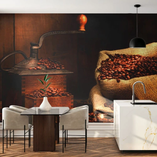 Selbstklebende Fototapete Deluxe Sticker - Stillleben mit Kaffeebohnen und einer Mühle - Gastronomie, Kaffee, Kaffeemühle - 100x70 cm