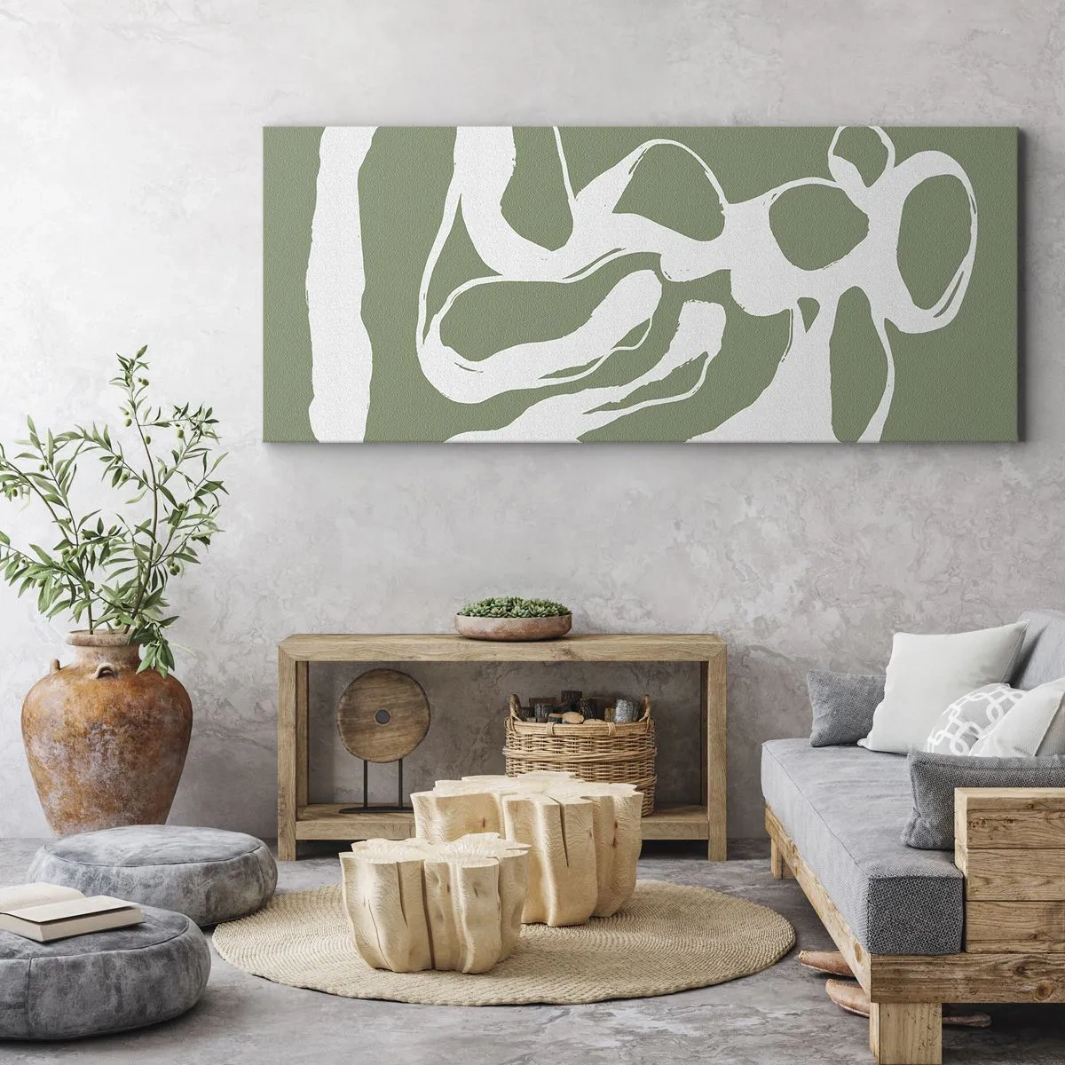 Bild auf Leinwand - Leinwandbild - Organische Formen in Weiß auf grünem Hintergrund - 140x50cm - Ruf des Weltraums - Moderne Wanddekoration für Wohnzimmer und Schlafzimmer ARTTOR