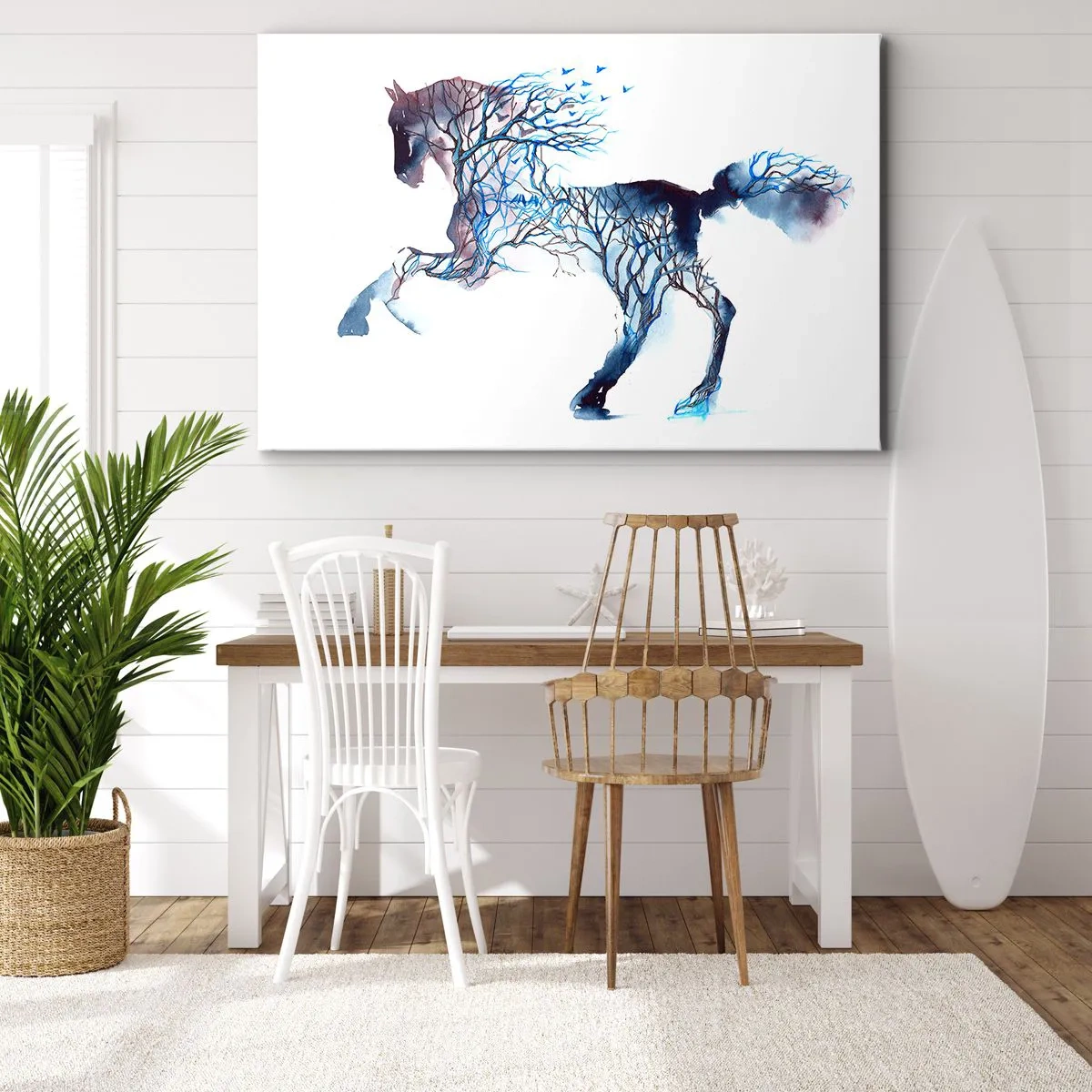 Bild auf Leinwand - Leinwandbild - Künstlerische Pferdegrafik mit Baum- und Vogelmotiven - 120x80cm - Und als wäre der Wald umgezogen - Moderne Wanddekoration für Wohnzimmer und Schlafzimmer ARTTOR