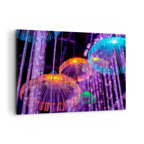 Bild auf Leinwand - Leinwandbild - Bunte leuchtende Quallen in einer dunklen Umgebung - 100x70cm - Lichtbrunnen - Moderne Wanddekoration für Wohnzimmer und Schlafzimmer ARTTOR
