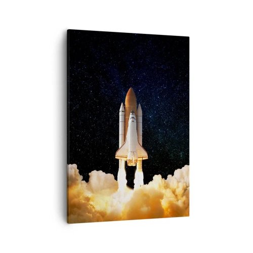 Bild auf Leinwand - Leinwandbild - Eine Weltraumrakete hebt vor dem Sternenhimmel ab - 50x70cm - Ad Astra! - Moderne Wanddekoration für Wohnzimmer und Schlafzimmer ARTTOR