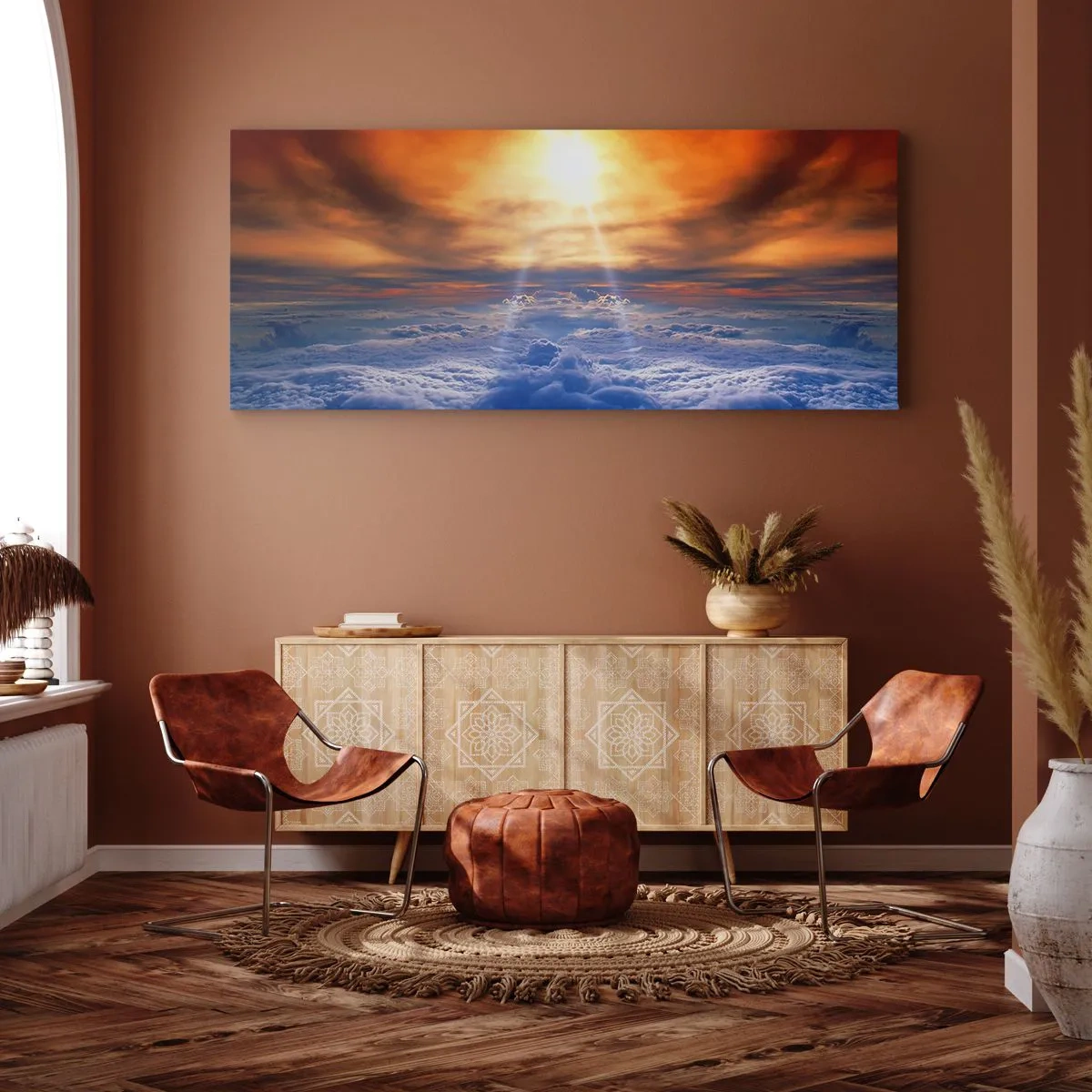 Bild auf Leinwand - Leinwandbild - Sonnenuntergang über den Wolken, der Himmel voller goldener Farben und Licht. - 140x50cm - Mystische Landschaft - Moderne Wanddekoration für Wohnzimmer und Schlafzimmer ARTTOR