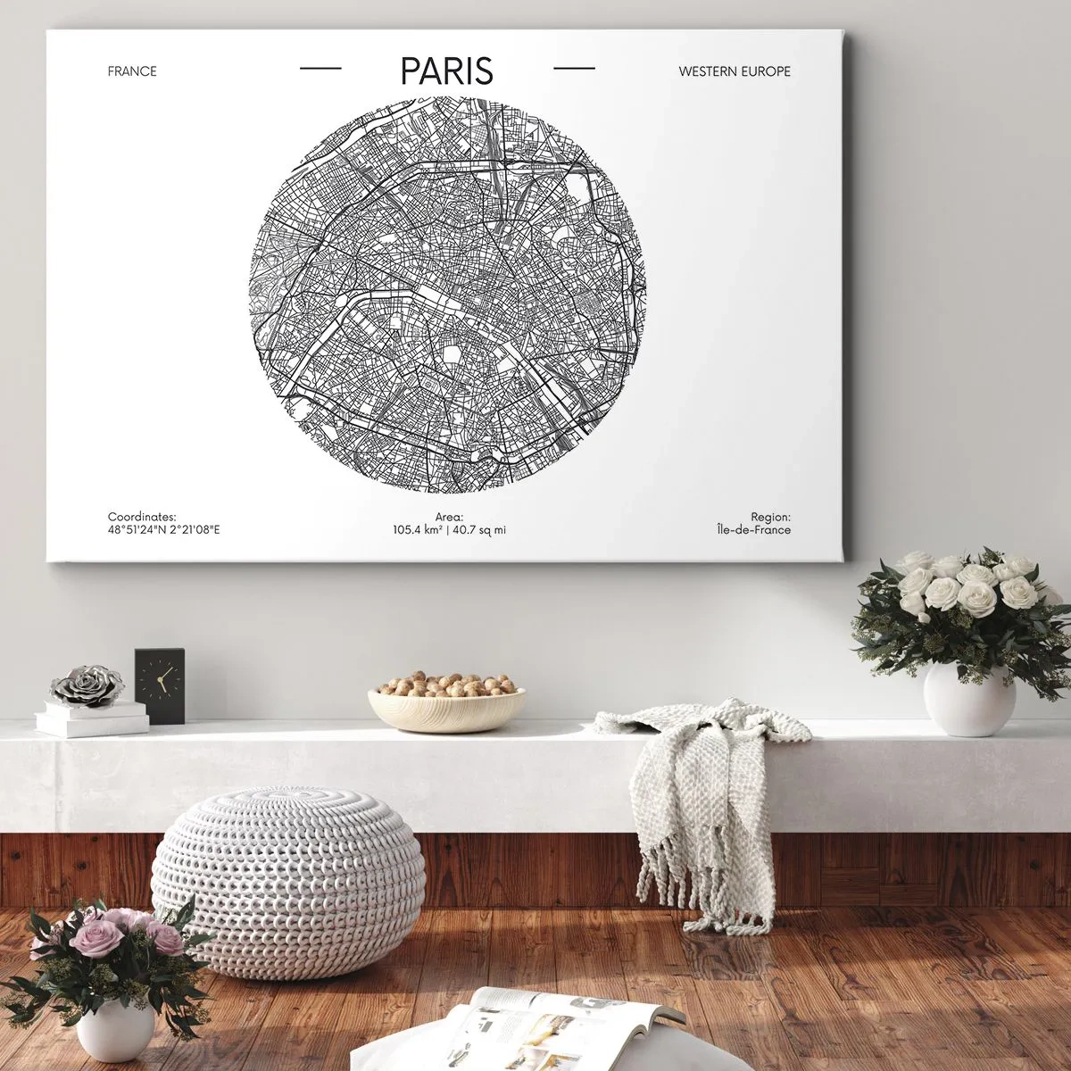 Bild auf Leinwand - Leinwandbild - Karte von Paris im minimalistischen Stil - 70x50cm - Anatomie von Paris - Moderne Wanddekoration für Wohnzimmer und Schlafzimmer ARTTOR