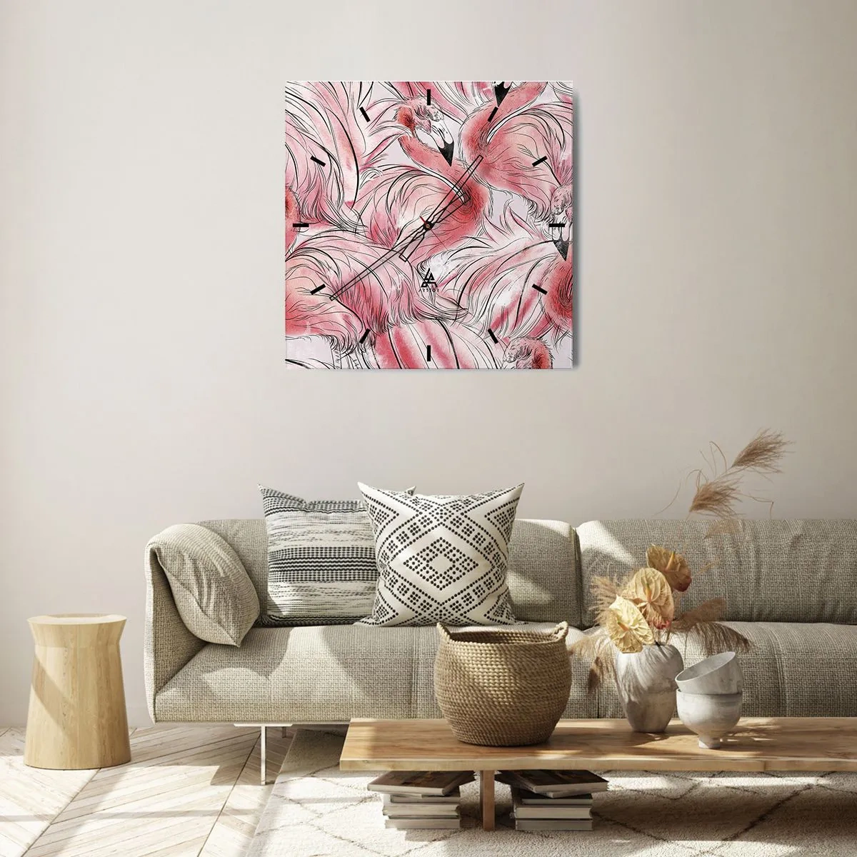 Wanduhr - Glasuhr - Zarte Zeichnungen von rosa Flamingos - 30x30cm - Bird Corps de Ballet - Moderne Wanddekoration für Wohnzimmer und Schlafzimmer ARTTOR
