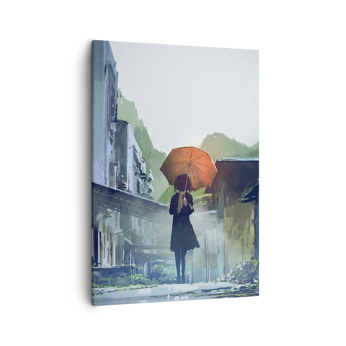 Bild auf Leinwand - Leinwandbild - Eine Figur mit einem Regenschirm in einer verregneten Stadt - 50x70cm - Belebender Regen - Moderne Wanddekoration für Wohnzimmer und Schlafzimmer ARTTOR