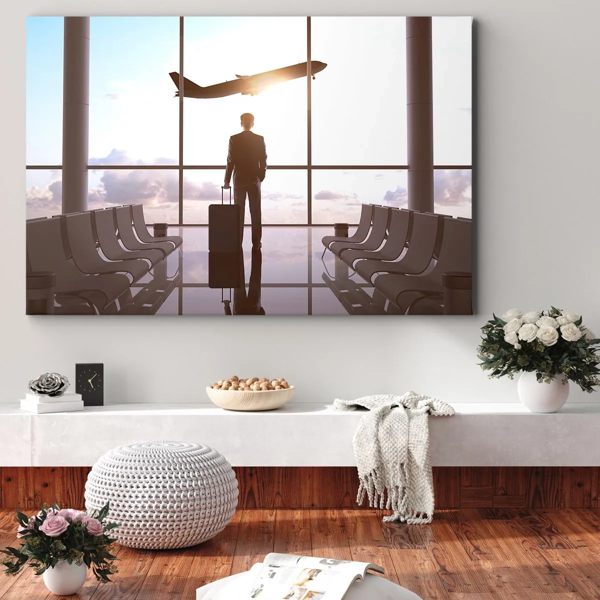Bild auf Leinwand - Leinwandbild - Geschäftsmann am Flughafen mit einem Flugzeug im Hintergrund - 70x50cm - Du hast Zeit, lass dir Zeit - Moderne Wanddekoration für Wohnzimmer und Schlafzimmer ARTTOR