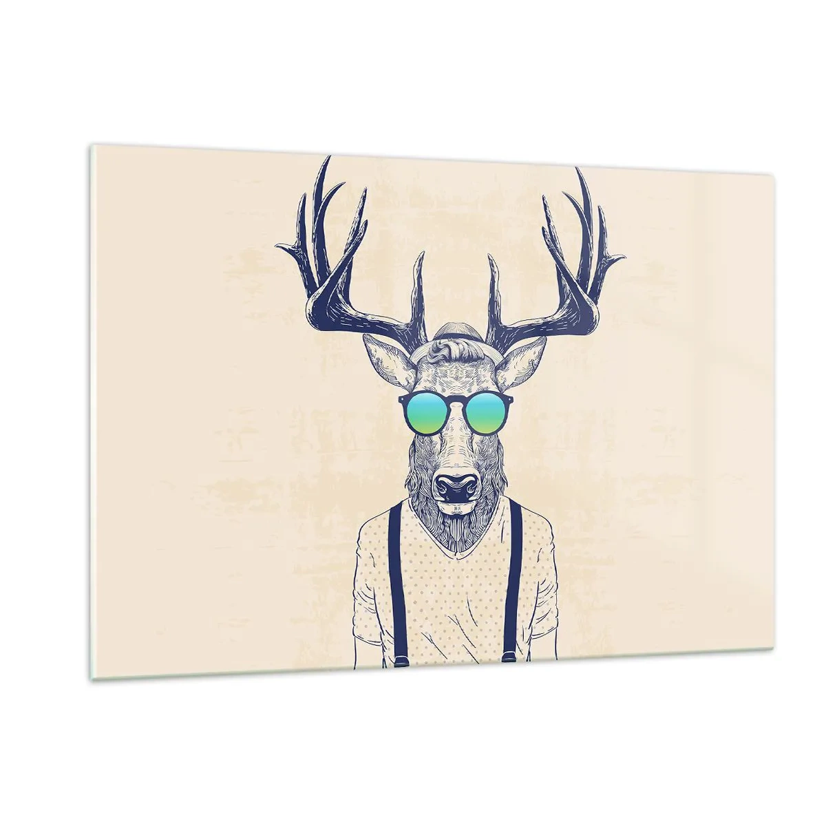 Glasbild - Bild auf glas - Ein eleganter Hirsch mit Sonnenbrille auf hellem Hintergrund - 120x80cm - Wen hast du erwartet? - Moderne Wanddekoration für Wohnzimmer und Schlafzimmer ARTTOR