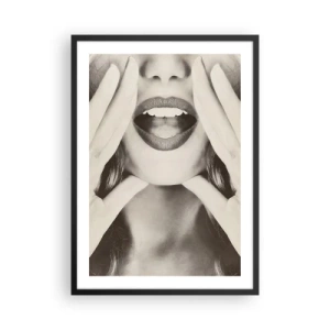 Poster in einem schwarzem Rahmen - Künstlerische Nahaufnahme der Lippen im monochromen Stil - 50x70cm - Ich komme schon! - Moderne Wanddekoration für Wohnzimmer und Schlafzimmer ARTTOR