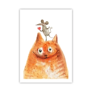 Poster - Eine Katze mit einer Maus, die ein Herz auf dem Kopf hält - 50x70cm - Paradoxien der Liebe - Moderne Wanddekoration für Wohnzimmer und Schlafzimmer ARTTOR