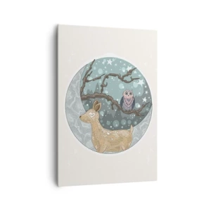 Bild auf Leinwand - Leinwandbild - Ein Reh und eine Eule in einer märchenhaften Nachtlandschaft - 70x100cm - Eine märchenhafte Waldnacht - Moderne Wanddekoration für Wohnzimmer und Schlafzimmer ARTTOR