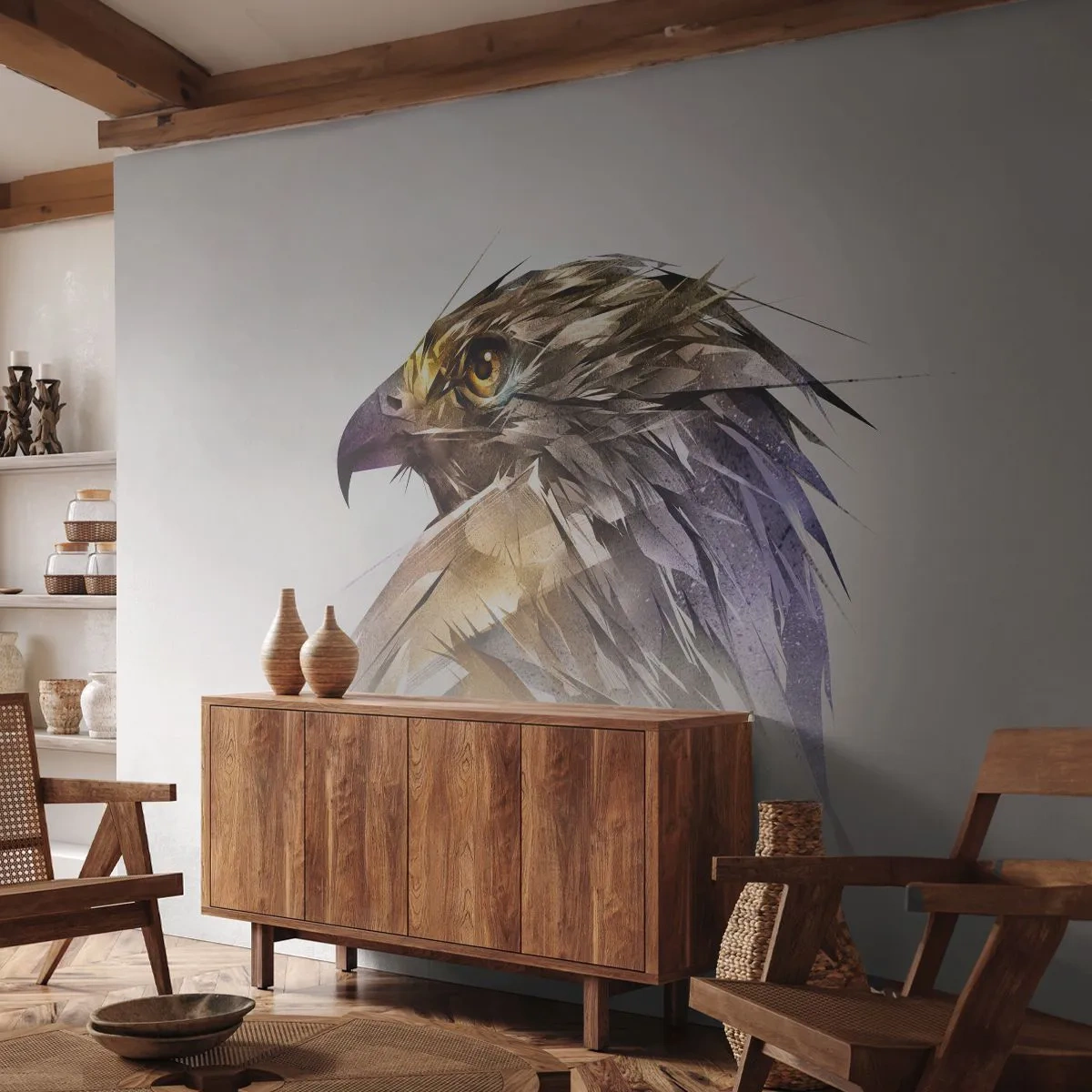 Fototapete Premium Canvas - Porträt eines Kriegers - Abstraktion, Adler, Vogel - 150x105 cm