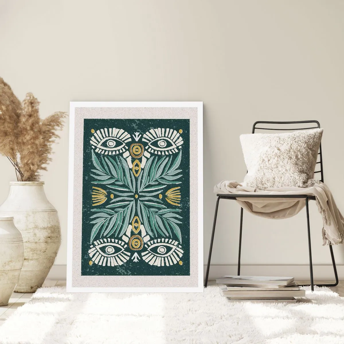 Poster - Symmetrisches Muster mit Blättern und Augen auf dunklem Hintergrund - 50x70cm - Wie ein Volksausschnitt - Moderne Wanddekoration für Wohnzimmer und Schlafzimmer ARTTOR