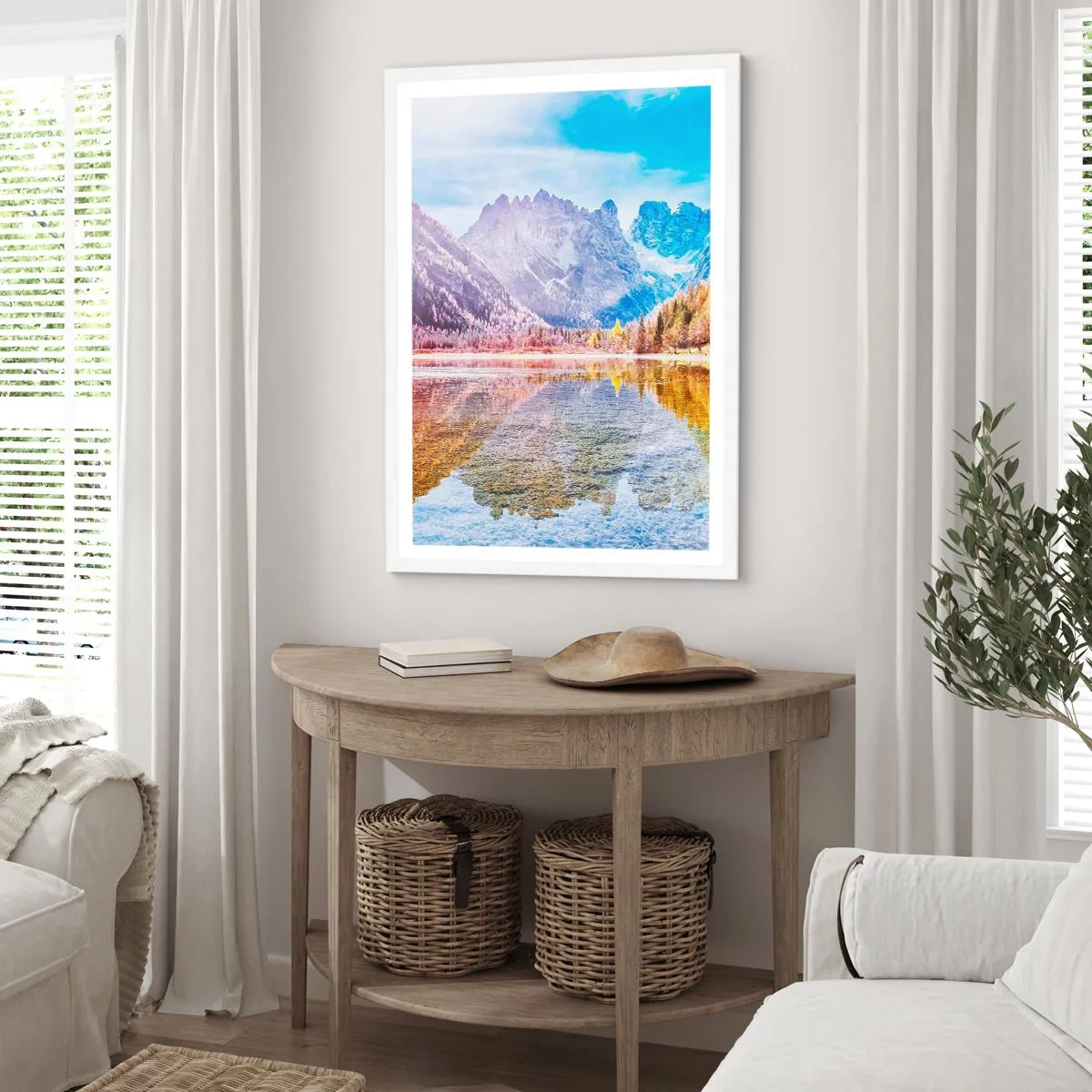 Poster in einem weißen Rahmen - Und in den Bergen ist es schon Herbst - 40x50 cm